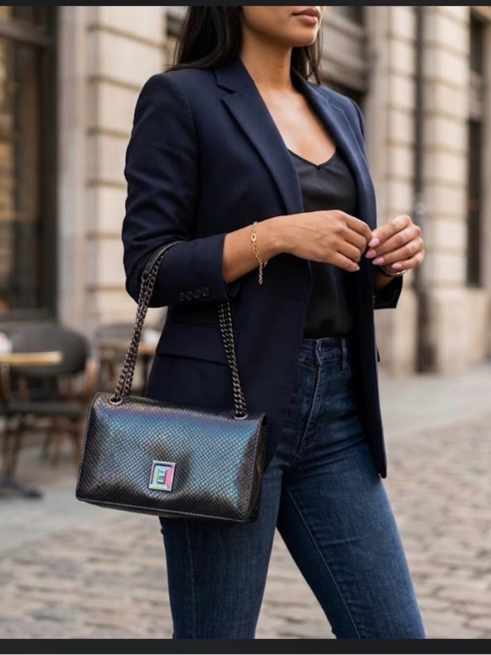 Karl Lagerfeld Black Iridescent Snake-Embossed Chain Handbag